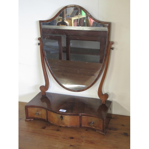 307 - 19th century mahogany toilet mirror, shield plate on serpentine inlaid base with three drawers, W50c... 