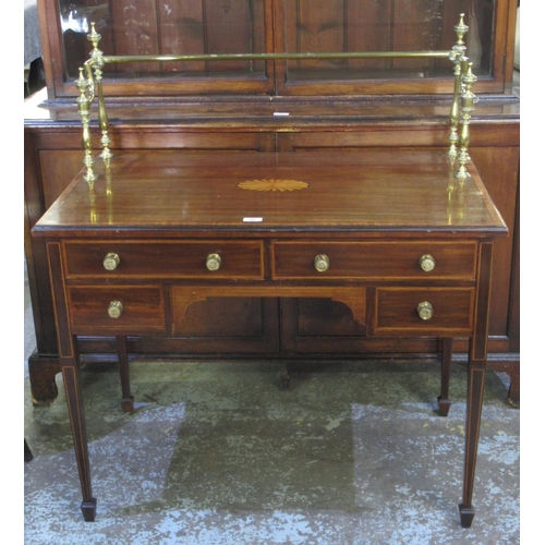 309 - Edwardian satinwood banded boxwood strung mahogany kneehole side table, with four drawers and brass ... 