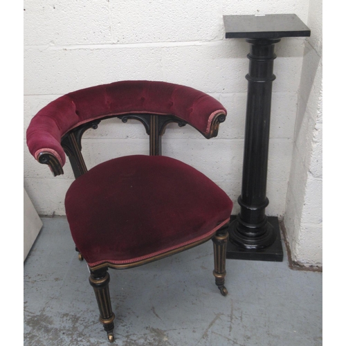 310 - Victorian ebonised and gilt open elbow chair, upholstered bow back and seat on fluted supports with ... 