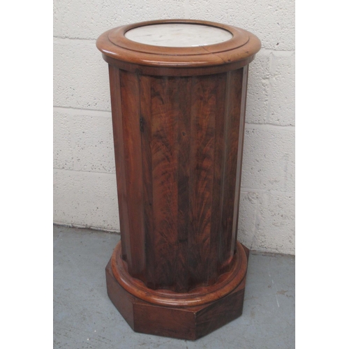 311 - Victorian figured mahogany fluted cylindrical bedside pot cupboard, with inset white marble top, on ... 