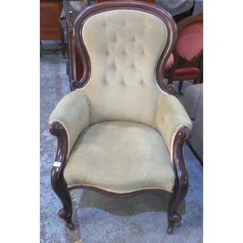 313 - Victorian mahogany framed upholstered arm chair, on scroll carved cabriole legs, H103cm