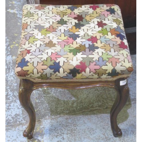 314 - Victorian mahogany framed square stool, woolwork top with shaped frieze on moulded cabriole legs, W4... 