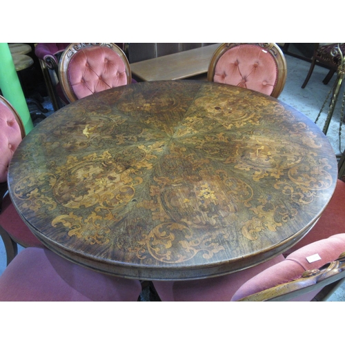 316 - Victorian breakfast table, circular rosewood tilt top marquetry decorated with scrolls and foliage, ... 