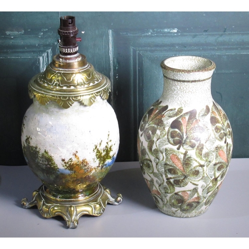 279 - 20th century brass mounted pottery table lamp, H37cm, and a Denby pottery vase decorated with stylis... 