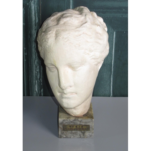 280 - Plaster bust of Yreia, Ancient Greek Goddess of Health, on named grey marble plinth, H28cm