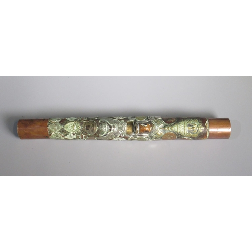 288 - Thai incense burner, copper capped cylindrical wooden body applied with coins and other symbols, L40... 