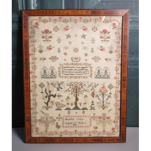 293 - William IV needlework sampler on linen, worked in colours with flowers Angels Adam & Eve, and motto ... 