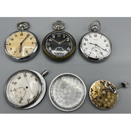 136 - WWII British Military Issue Cyma G.S.T.P. chrome plated keyless pocket watch, signed white Arabic di... 