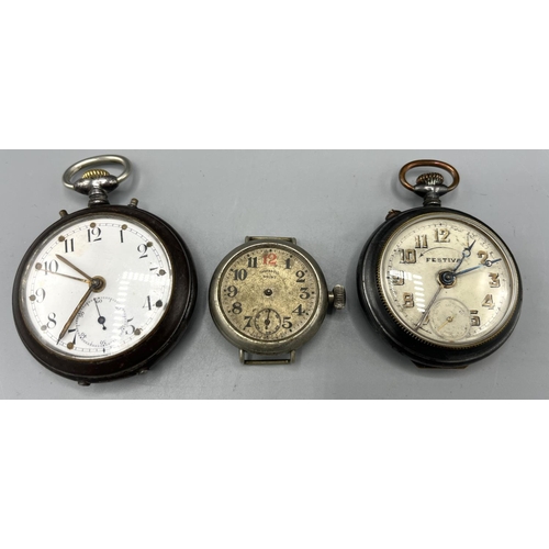 137 - Festiva blued steel keyless pin set pocket watch alarm, signed Arabic dial, D54.4mm; a similar large... 