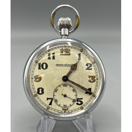 140 - Jaeger LeCoultre chrome British Military Issue G.S.T.P. keyless pocket watch, signed cream Arabic di... 