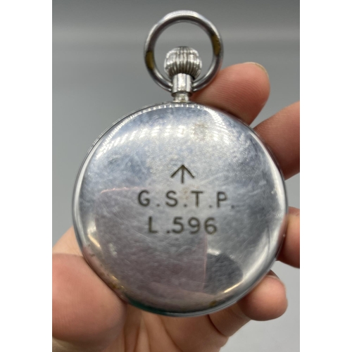 140 - Jaeger LeCoultre chrome British Military Issue G.S.T.P. keyless pocket watch, signed cream Arabic di... 