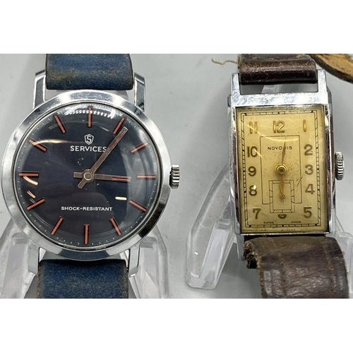 154 - Services chrome plated wristwatch, signed blue sunburst dial, baton hours, snap on case back, EB 880... 