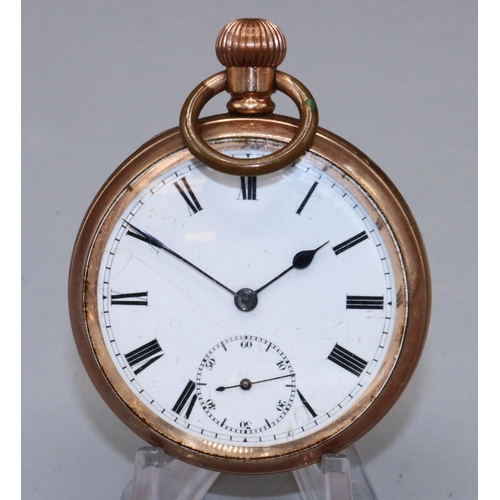 189 - Williamson rolled gold keyless pocket watch, white enamel Roman dial with subsidiary seconds, Dennis... 