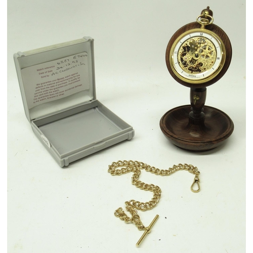 195 - Bernex gold plated keyless pocket watch, skeletonised dial, signed Roman chapter ring, display case ... 