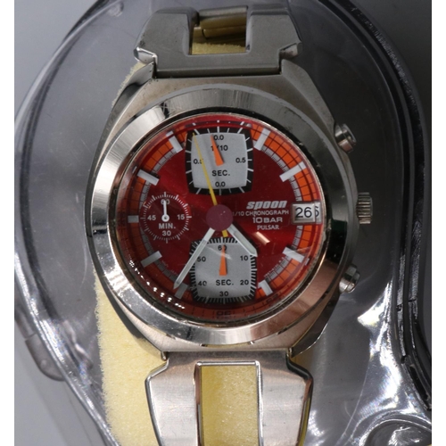 202 - Spoon by Pulsar stainless steel quartz 1/10th second chronograph wristwatch with date, signed red di... 