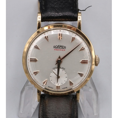 335 - Roamer Premier gold wristwatch, signed silvered dial, applied baton hour indices, subsidiary seconds... 