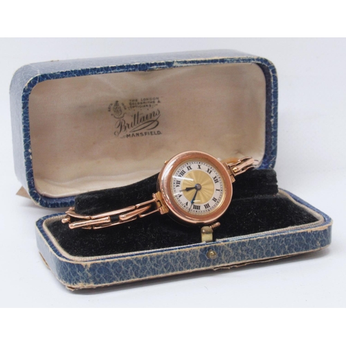 336 - Ladies Swiss rose gold wristwatch on matching rose gold expanding bracelet stamped 9ct, two tone dia... 