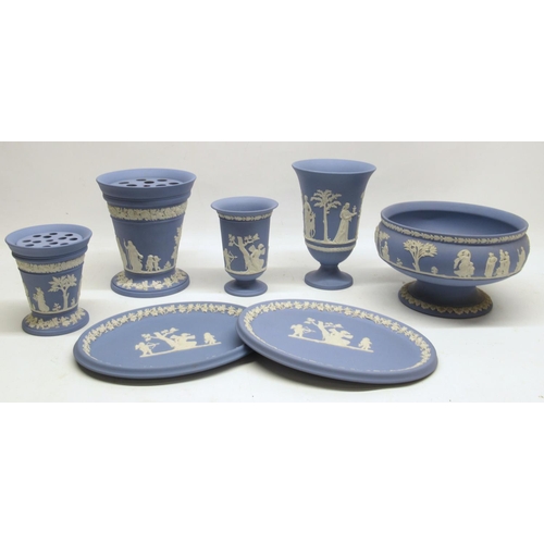 381 - Wedgwood blue Jasperware incl. vases, pedestal centrepiece bowl, and two plates (7)