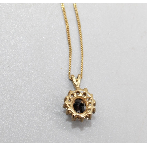 117 - Sapphire and white stones set on a 9ct gold pendent on a 9ct gold chain (chain broken), 43cm, and a ... 