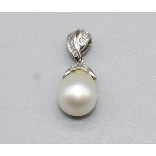 40 - 18ct white gold freshwater pearl drop necklace, the bail inlaid with baguette cut diamonds, the top ... 