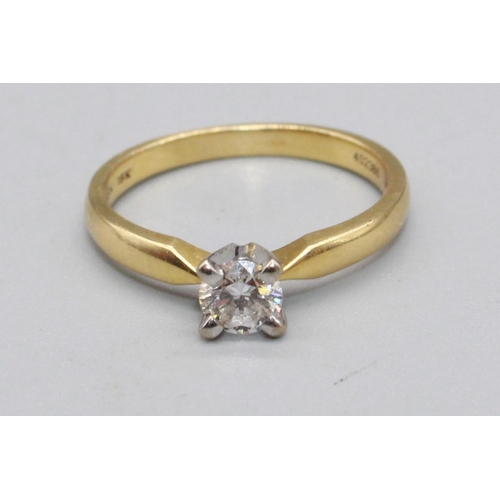 50 - 18ct yellow gold solitaire ring, the brilliant cut diamond in claw setting, approx. weight 0.35ct, s... 