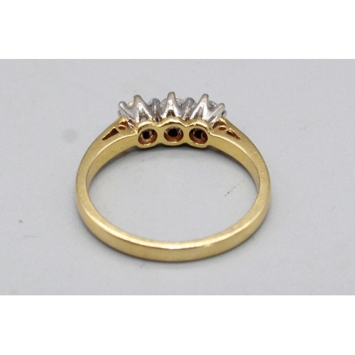 54 - 18ct yellow gold three stone diamond ring,  stamped 750, 3.2g