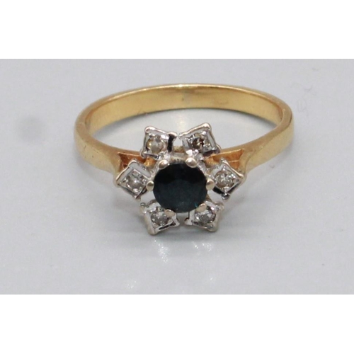 68 - 18ct yellow gold sapphire and diamond star cluster ring, stamped 18, size N, 3.2g