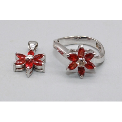 71 - 18ct white gold necklace set with diamond and ruby floral cluster ring, size M, and matching pendant... 