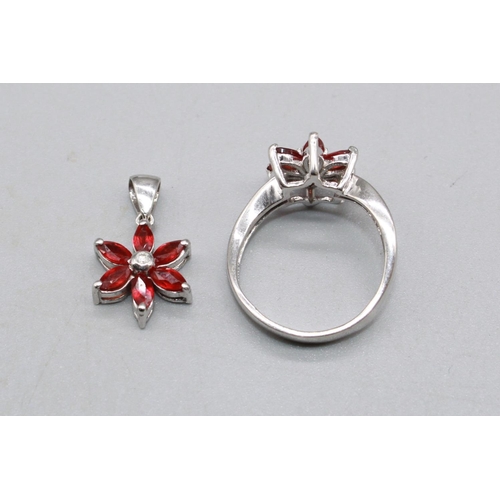 71 - 18ct white gold necklace set with diamond and ruby floral cluster ring, size M, and matching pendant... 