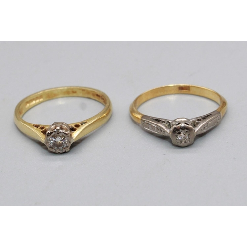 74 - 18ct yellow gold solitaire diamond ring, stamped 750, size L1/2, and another similar 18ct ring, stam... 