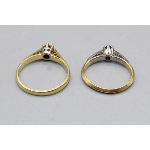 74 - 18ct yellow gold solitaire diamond ring, stamped 750, size L1/2, and another similar 18ct ring, stam... 