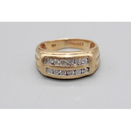 76 - Gents 14ct yellow gold ring set with two rows of brilliant cut diamonds, stamped 14k, size Q1/2, 6.8... 