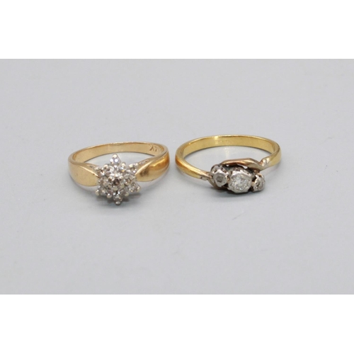 78 - 14ct yellow gold diamond star cluster ring, stamped 14K, size J1/2, and a gold and diamond three sto... 