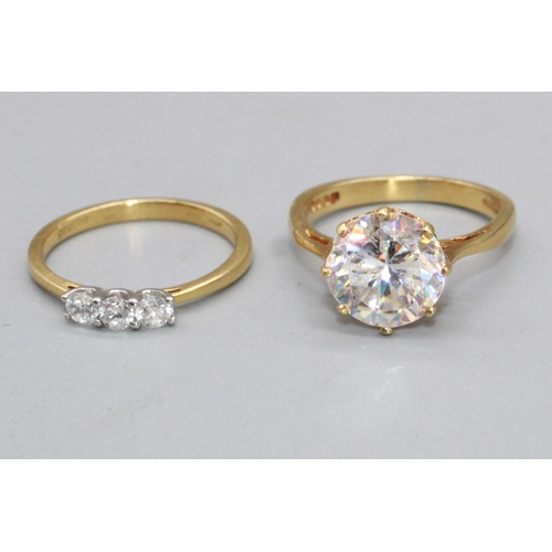 95 - 18ct yellow gold ring set with large clear stone, stamped 18, size J1/2, 3.6g, and a yellow metal di... 