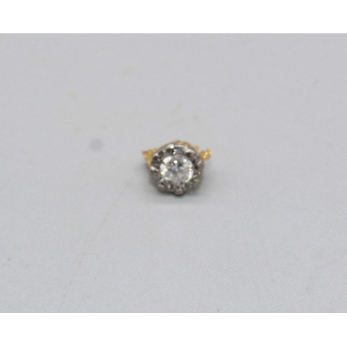 98 - Two small unmounted diamonds, a larger clear stone, a yellow and white metal cluster drop pendant, a... 