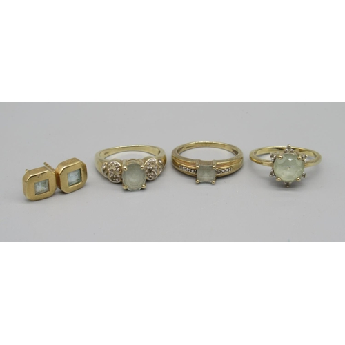 707 - Three 9ct gold rings set with clear and coloured stones, and a pair of similar earrings, 11.6g(5)