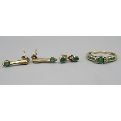 709 - 9ct gold single stone emerald ring, stamped 375, and two pairs of emerald earrings stamped 9k (5)