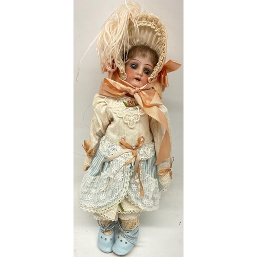 398 - Heubach Koppelsdorf bisque head doll,  Edwardian style costume, blonde wig, marked 250 16/0, H23.5cm