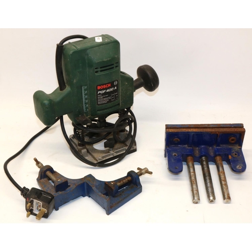 177 - Bosch POF 400A router; bench vice and a mitre clamp (3)