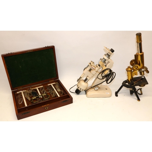 345 - J. Swift & Son lacquered brass monocular microscope with rotating three lens objective section H40cm... 