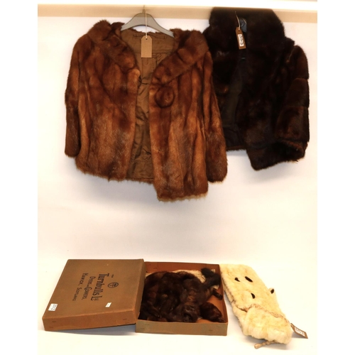 353 - Brown mink stole, white ermin stole with tails, and two fur shrugs (4)