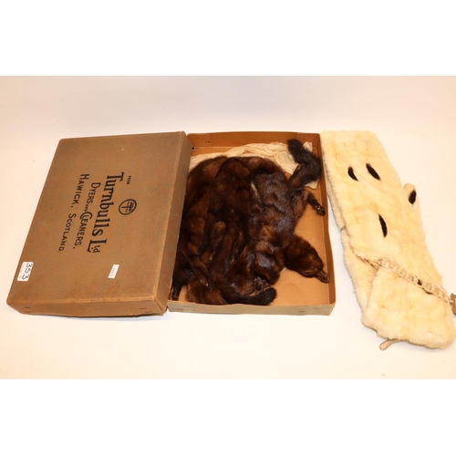 353 - Brown mink stole, white ermin stole with tails, and two fur shrugs (4)