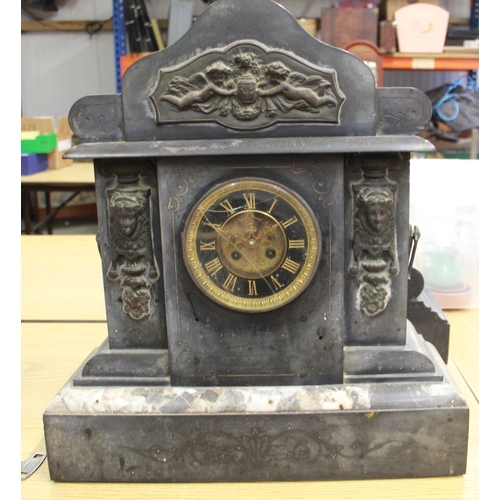 248 - S. Marti et Cie C19th slate and marble mantle clock with cast Classical mounts, 4 1/2