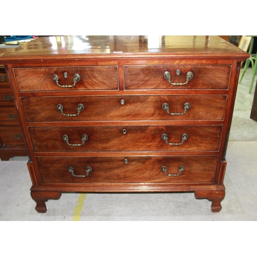 319 - Geo. III mahogany chest, figured top above two short and three long drawers with brass swan neck han... 