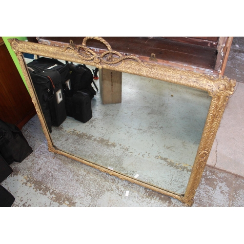 321 - Victorian gilt wood and gesso overmantel mirror, later rectangular plate with knotted rope cresting,... 