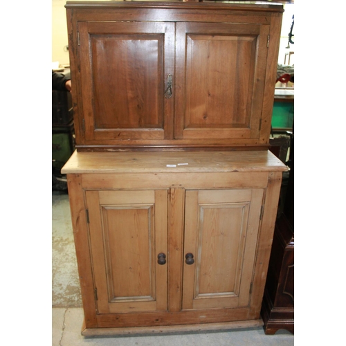 322 - Victorian stripped pine two-door side cabinet on plinth base with later walnut cupboard top, W93cm D... 