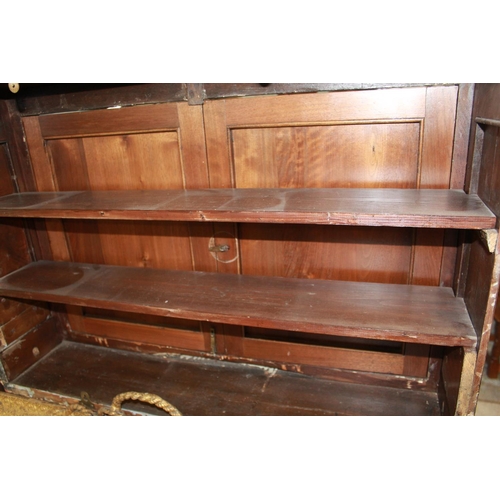 322 - Victorian stripped pine two-door side cabinet on plinth base with later walnut cupboard top, W93cm D... 