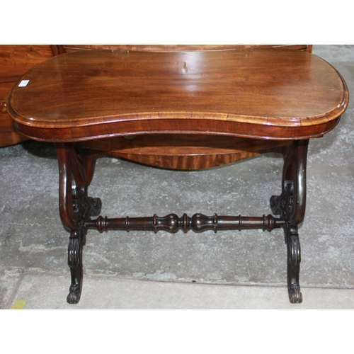 323 - Victorian walnut centre table, shaped oval top on lyre end supports joined by turned stretcher, W94c... 