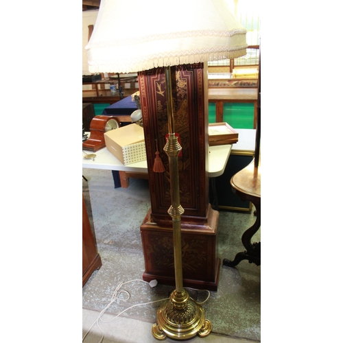 324 - Brass standard lamp, fluted column on stepped lobed circular base with D shaped feet, H158cm