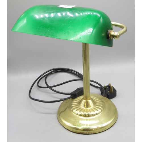 712 - Brass Banker's style desk lamp with green glass shade, H35cm